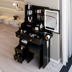 29.2 inch Small Size Drawer Desktop Vanity Table + Cushioned Stool, 2 AC+2 USB Power Station, Hair dryer bracket, Extra Large Touch Control Sliding LED Mirror, 3-color Switching, EPA, GCC, UL Certificate