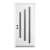 36 x 80 Brush Finished Fiberglass Entry Door with Brickmould,3 Lite Frosted Glass - Modern Style for Home's Front Entrance, 4-9/16 White Vinyl Frame, Right Hand Inswing,White Knock-Down Door