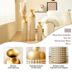 Metal Decorative Vases, Set of 3, Golden Modern Floor Vases for Home Decor, Tall Flower Vases for Living Room, Office & Wedding Decor (32.68, 25.98, 19.69 Inch)