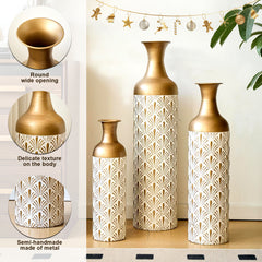 Decorative Metal Vases, Set of 3, White and Gold Floor Vases with Fan Pattern for Home Decor, Tall Flower Vases for Living Room (32.68, 25.98, 19.69 Inch)