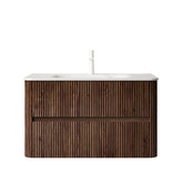NOOR 36" Bathroom Vanity&Sink, Floating Stripe Plywood Storage Cabinet with 2 Drawers, Carrara White Sintered Stone Hot-bent Integrated Rectangle Basin, Pre-assembled, Retro Walnut Woodgrain Color