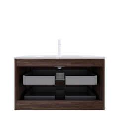 NOOR 36" Bathroom Vanity&Sink, Floating Stripe Plywood Storage Cabinet with 2 Drawers, Carrara White Sintered Stone Hot-bent Integrated Rectangle Basin, Pre-assembled, Retro Walnut Woodgrain Color