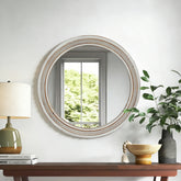 Vintage Round Wall Mirror, 23.62" Decorative Distressed White Frame Mirror with Ornate Beaded Trim for Bathroom/Living Room/Entryway