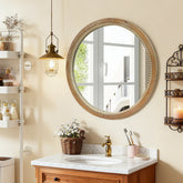 Round Distressed Wood Beaded Wall Mirror, 23.62" Farmhouse Vintage Accent Mirror for Bathroom, Bedroom, Entryway, Rustic Decorative Mirror