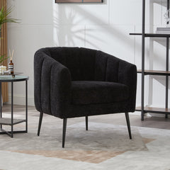 29.9'' Modern Upholstered Chenille Vanity Barrel Accent Chair with Metal Legs, Channel Tufted Lounge Chair Single Sofa Round Leisure Armchair for Bedroom Living Room Reception Study Room Office,Black