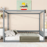 Full Size Canopy Frame Rubber Wood Floor Bed with Fence,Guardrails,Grey