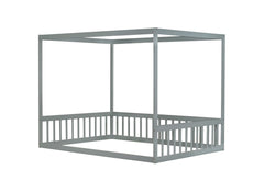 Full Size Canopy Frame Rubber Wood Floor Bed with Fence,Guardrails,Grey