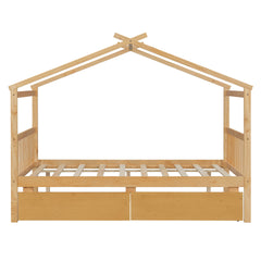Full Size Wooden House Bed with Drawers, Natural