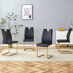 Black PU Dining Chair Set.Uniquely designed black dining chairs. PU material, paired with gold metal chair legs. Suitable for offices, restaurants, kitchens, conference rooms, etc.(Set of 4)