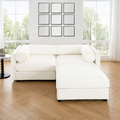 Stylish White Chenille 2-Seater Sofa with Ottoman Storage Seat, Cylindrical Backrest and Armrests, Modern Fabric Loveseat Featuring Hidden Storage Space
