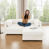 Stylish White Chenille 2-Seater Sofa with Ottoman Storage Seat, Cylindrical Backrest and Armrests, Modern Fabric Loveseat Featuring Hidden Storage Space