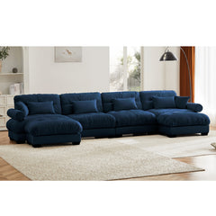 U Shaped Sectional Sofa Cloud Couch with Movable Ottomans,Convertible Deep 4 Seater Modern Velvet Comfy Upholstered Corner Couch with Blostered Armrests, Waist Pillow and Throw Pillows,Blue