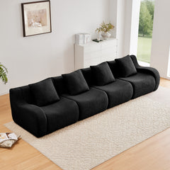 4-Seat Boneless Sofa,High-Quality Teddy Fabric,No assembly required Curved armrest,Anti-slip Design,32D High Density Sponge Full Compression Vacuum Packag,For Studies Iiving Rooms,Black