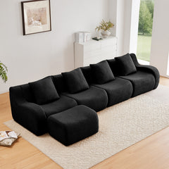L-Shaped 4-Seat Boneless Sofa,Teddy Fabric No Assembly Required Curved Armrest,Anti-slip Design, Assembly Chaise, 32D High Density Sponge Full Compression Vacuum Packag,For Studies living Rooms,Black