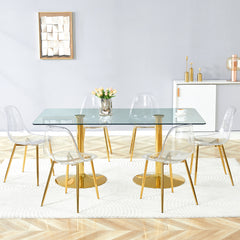 Table and chair set.71 inch x 35.4-inch tempered glass table,Paired with 6 Transparent Plastic Chairs with Golden Metal Legs.Bring a comfortable home experience.