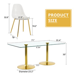 Table and chair set.71 inch x 35.4-inch tempered glass table,Paired with 8 Transparent Plastic Chairs with Golden Metal Legs.Bring a comfortable home experience.