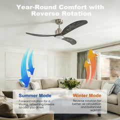 52" Ceiling Fan with LED Light Remote Control,Quiet DC Motor 6 Speed Levels,Adjust Height( 2 PCS Rod) Reversible Ceiling Fan, for Patio Living Room, Bedroom, Office,Indoor.(Nickel +Wood)