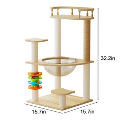 32.2" Modern Cat Tower, Wood Cat Tree Tower for Indoor Cats, Cat Treewith Sisal-Covered Scratching Posts and Top Perch, Cat Condo with Acrylic Hammock and Toys for Small Large Cats