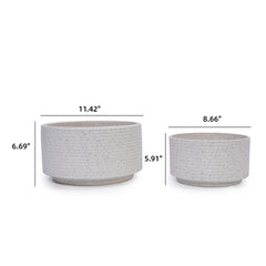 Handmade Ceramic Planter Set of 2, 11" & 8" Diameter, White with Vertical Ridges, for Aquatic Plants Indoor/Outdoor Shelf & Table Use, Breathable Non-Porous Clay