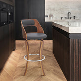 Fiera 29" Swivel Gray Faux Leather and Walnut Wood Bar Stool