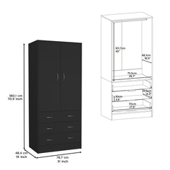 Armoire 71 inch H, with 2 doors, 3 drawers and 1 hanging rod, Black