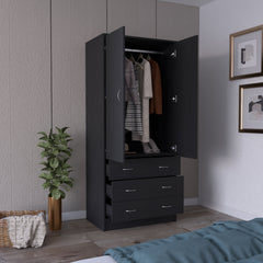 Armoire 71 inch H, with 2 doors, 3 drawers and 1 hanging rod, Black