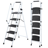 ladder, folding ladder stool, with anti slip wide pedals, steel ladder, with safety anti slip handle, lightweight 330 pound portable steel ladder stool in White 5 steps
