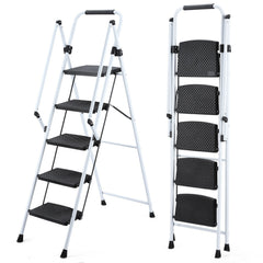 ladder, folding ladder stool, with anti slip wide pedals, steel ladder, with safety anti slip handle, lightweight 330 pound portable steel ladder stool in White 5 steps