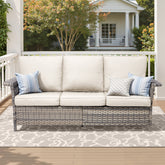 76.7" Wide Outdoor Wicker Patio Sofa, Wide Armrest Outdoor Couch with Beige Cushions for Porch Garden