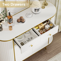 Luxury Fluted Curved Sideboard Buffet Storage Cabinet with 2 Drawers and Doors for Living Room, Entryway, Hallway, White & Golden