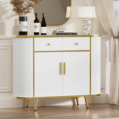Luxury Fluted Curved Sideboard Buffet Storage Cabinet with 2 Drawers and Doors for Living Room, Entryway, Hallway, White & Golden