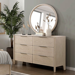 Modern Six Drawers Dresser Mirror Set Light Oak Finish Bedroom Furniture 1pc, Storage Cabinet Round Mirror