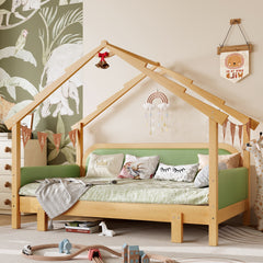 Twin Size Wood Treehouse bed with Soft Cushion Rails,for Kids, Teens, Girls, Boys,Green