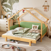 Twin Size Wood Treehouse bed with Soft Cushion Rails,for Kids, Teens, Girls, Boys,Green