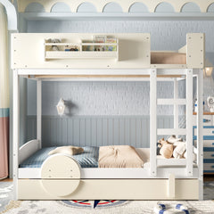 Full Bunk Bed with Trundle , Wood Bunk Bed Frame with Built-in Bookshelf and High-quality Safety Guardrail,Automobile Form Design for Kids ,White& Beige.