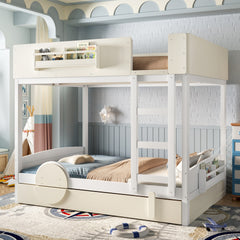 Full Bunk Bed with Trundle , Wood Bunk Bed Frame with Built-in Bookshelf and High-quality Safety Guardrail,Automobile Form Design for Kids ,White& Beige.
