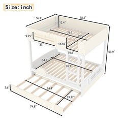Full Bunk Bed with Trundle , Wood Bunk Bed Frame with Built-in Bookshelf and High-quality Safety Guardrail,Automobile Form Design for Kids ,White& Beige.