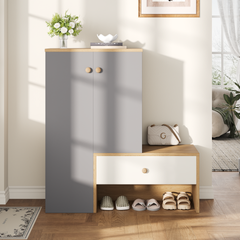 12 Pair Shoe Storage Organizer with Bench, 43.25''H Shoe Cabinets, Shoe Rack with 6-Tier Adjustable Shelves, for Entryway Hallway Closet, White & Gray