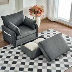 55" Oversized Chaise Lounge Chair Indoor with Ottoman and Storage , Comfy Corduroy Single Sofa, Upholstered Deep Seat Chaise Lounge with Pillows for Living Room, Bedroom, Apartment, Grey.