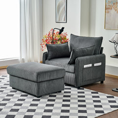 55" Oversized Chaise Lounge Chair Indoor with Ottoman and Storage , Comfy Corduroy Single Sofa, Upholstered Deep Seat Chaise Lounge with Pillows for Living Room, Bedroom, Apartment, Grey.