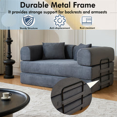 59'' Convertible Sleeper Sofa Bed with Cylindrical Pillow, Corduroy Folding Mattress Couch with Fixed-Shape Frame, Floor Sofa Lounge Couch for Living Room Bedroom (Gray)