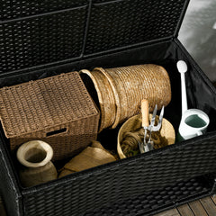 Outsunny Outdoor Deck Box & Shoe Storage, PE Rattan Wicker Towel Rack with Liner for Indoor, Outdoor, Patio Furniture Cushions, Pool, Toys, Garden Tools, Black