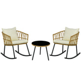 Outsunny 3 Piece Bistro Set with Cushions, Outdoor PE Rattan Wicker Patio Rocking Chair with 2 Porch Rocker Chairs, Glass Top Coffee Table Patio Conversation Set, Cream White