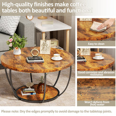 31.5" Round Coffee Table, 2-Tier Coffee Tables for Living Room, Small Wood Coffee Table with Storage, Modern Accent Center Table for Living Room & Kitchen