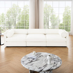 Elegant White Chenille Sofa with Storage Seat, Cylindrical Backrest and Armrests, Contemporary 3-Seater Fabric Couch with Hidden Storage Compartment