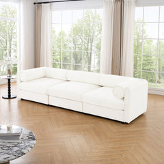 Elegant White Chenille Sofa with Storage Seat, Cylindrical Backrest and Armrests, Contemporary 3-Seater Fabric Couch with Hidden Storage Compartment
