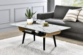 Lorenzo 47"W Coffee Table with Glass White Marble Texture Top and Bent Wood Design
