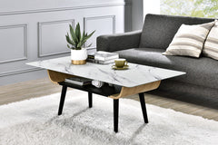 Lorenzo 47"W Coffee Table with Glass White Marble Texture Top and Bent Wood Design