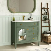 35.6" Mid-Century Bathroom Vanity Sink with Patterned Glass & Motion-sensor Light Strip, Farmhouse Freestanding Bathroom Vanity Sink with Storage, High-end Restroom Vanity Cabinet,Green