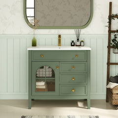 35.6" Mid-Century Bathroom Vanity Sink with Patterned Glass & Motion-sensor Light Strip, Farmhouse Freestanding Bathroom Vanity Sink with Storage, High-end Restroom Vanity Cabinet,Green